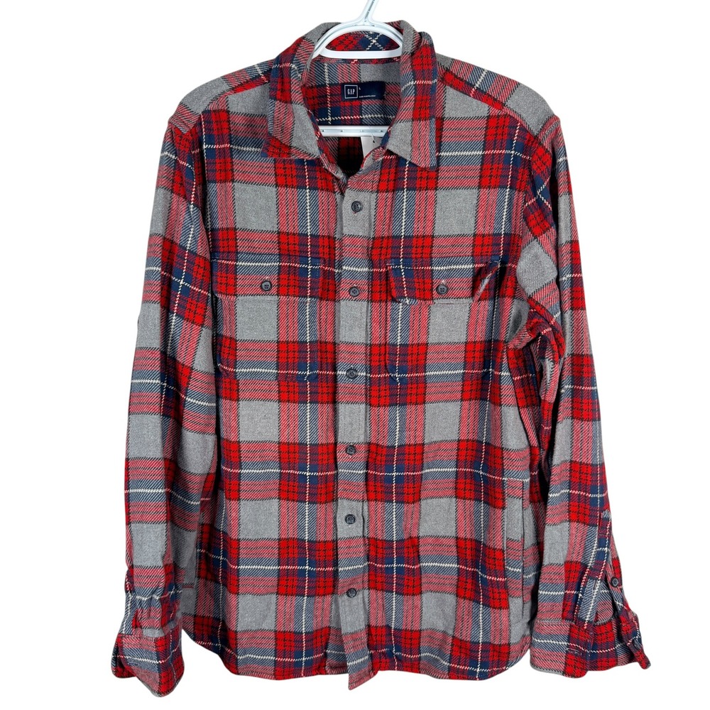 Gap Flannel Shirt Jacket Shacket Mens L Grey Red Plaid L/S Button Down Pocket